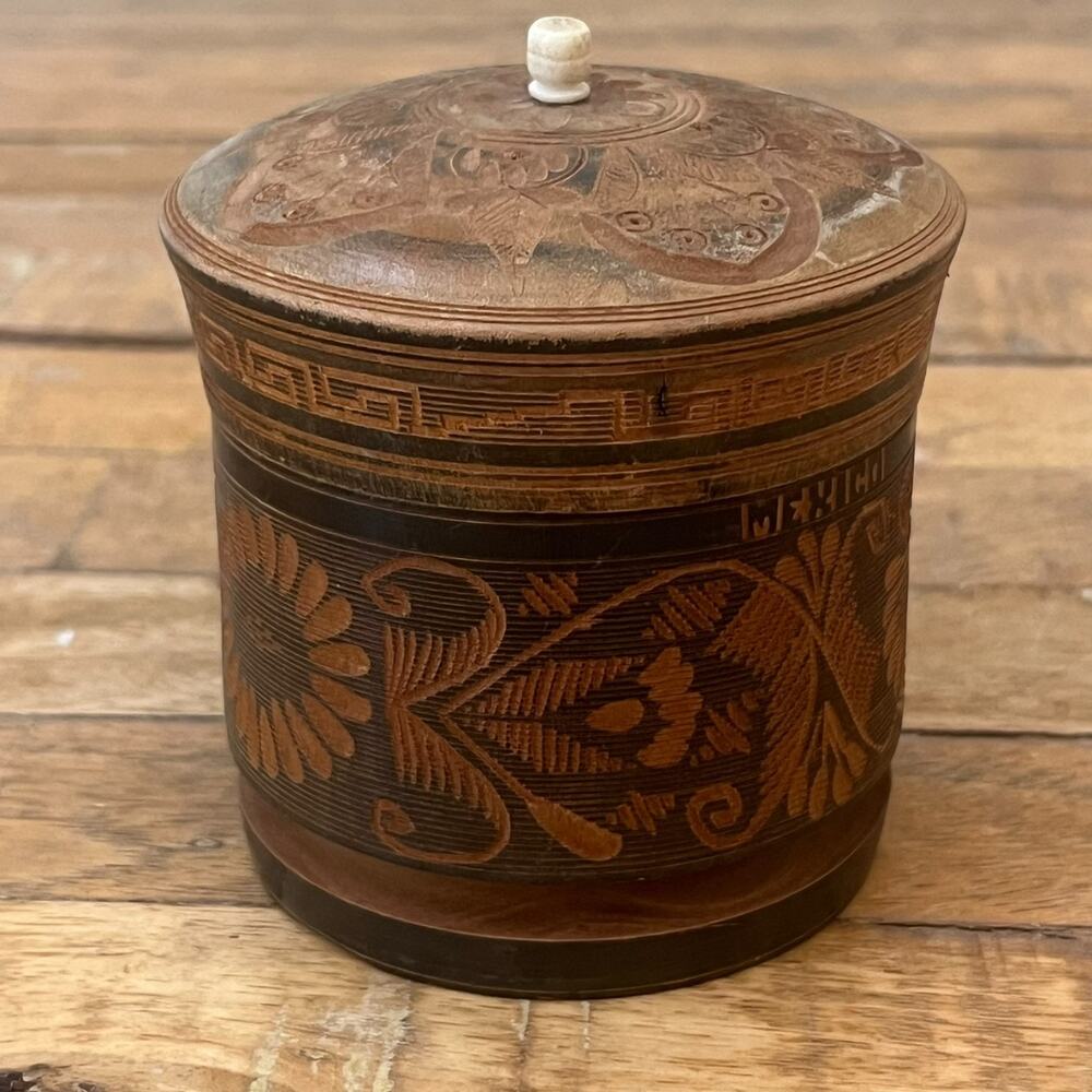 Vintage Hand Carved & Turned Solid Wood Container Trinket Box Lid 4" Mexico